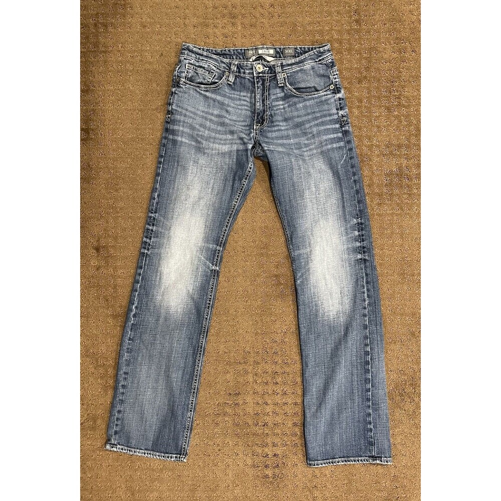 BKE Jake Jeans Mens 31XL 31x34 Blue Bootleg Whiskers Fade Stretch Western Cowboy